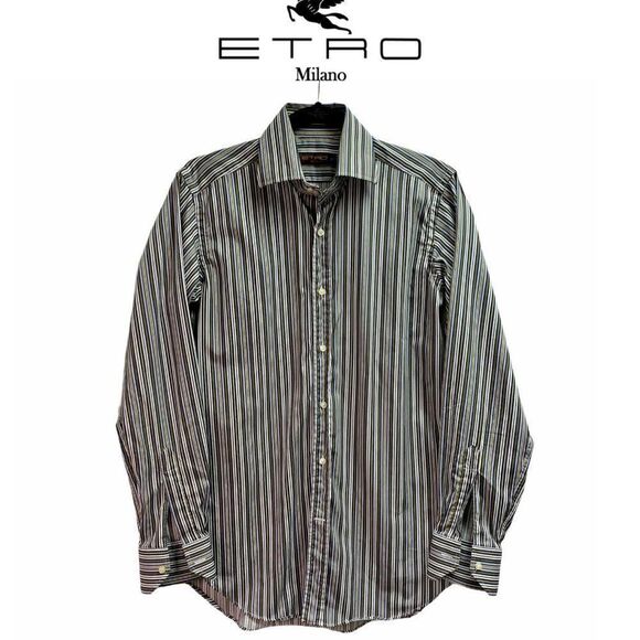 ETRO green blue striped dress shirt Sz 38 - Picture 5 of 5